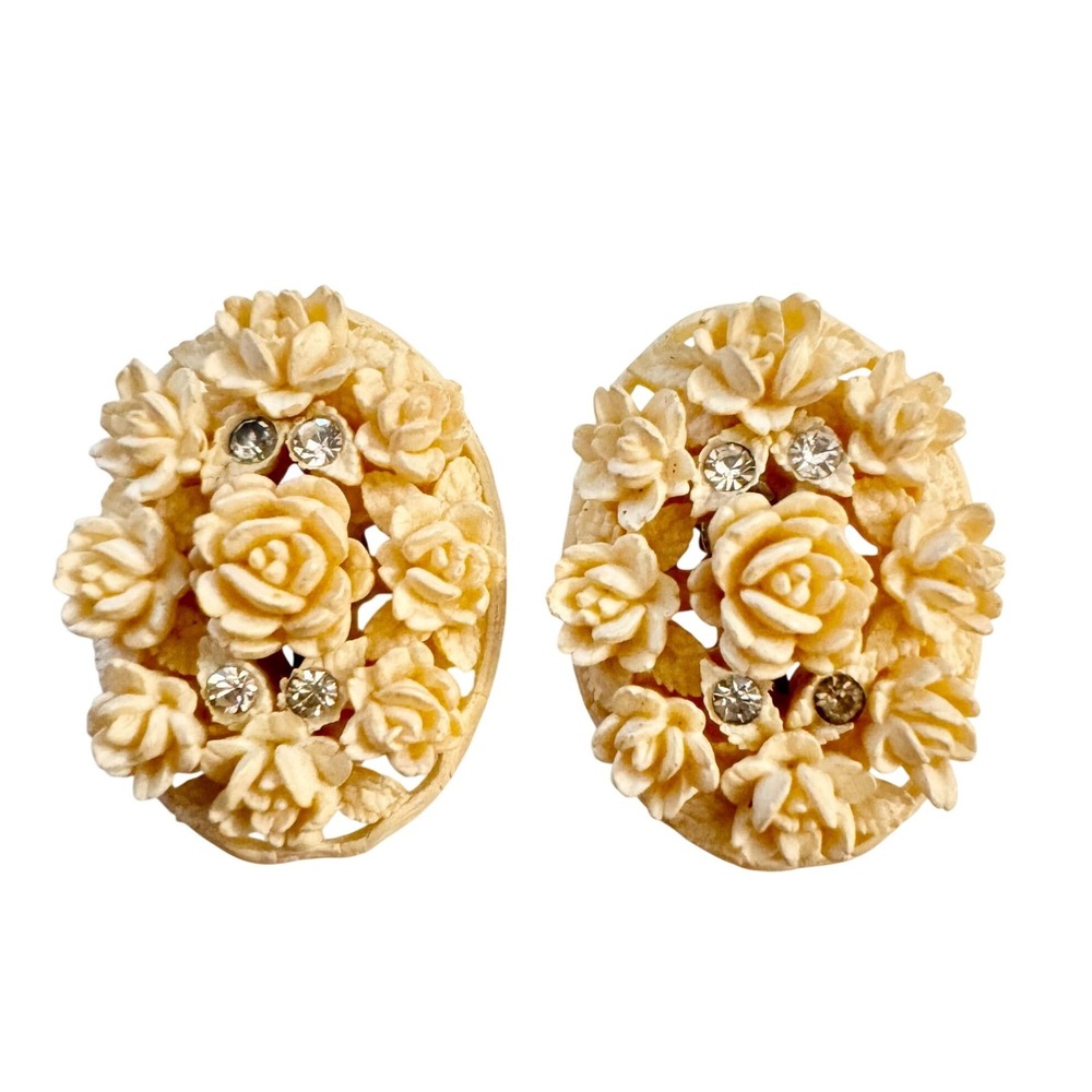 Vintage‎ Cream Celluloid Carved Roses Statement Earrings Oval Cottage Feminine - Picture 8 of 14